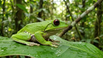 Obraz premium A vibrant green frog sits on a large leaf in a lush, green forest. The frog has distinct spots and is surrounded by dense foliage.