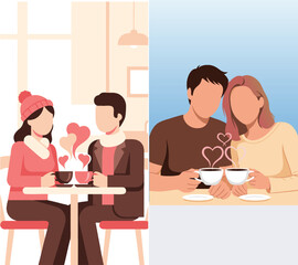 faceless couple sitting in caf&eacute; holding coffee cups with heart steam modern flat vector style