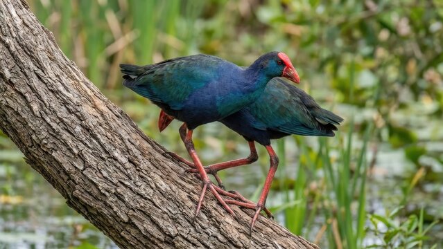A vibrant purple gallinule stands elegantly on a tree branch, surrounded by lush greenery. The bird's distinctive red legs and beak contrast beautifully with its iridescent blue-green feathers.