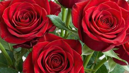 A close-up image of three radiant red roses in full bloom, surrounded by lush green leaves. The roses are the central focus, showcasing their delicate petals and rich color. © Valentin