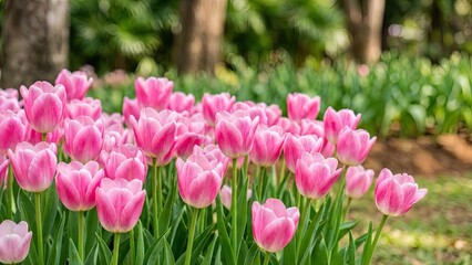 Obraz premium A close-up view of a lush garden filled with vibrant pink tulips in full bloom. The flowers are set against a backdrop of green foliage and trees, creating a serene and picturesque scene.