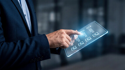 Professional Hand Interacting with Transparent Digital Business Interface