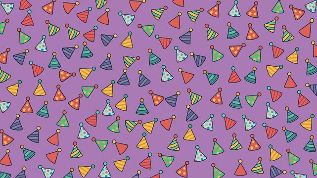 Pattern of various colored party hats on a purple background vibrant, festive and suitable for party invitations, decorations, and celebrations.