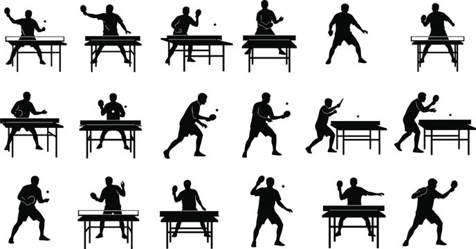Black table tennis silhouette collection set, ping pong player athlete shapes, professional sports people icons on white background for competition.