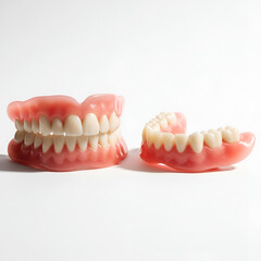 Obraz premium Two sets of dentures upper and lower on white background dental teeth