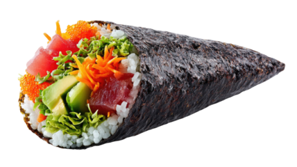 hand rolled sushi cone with rice fresh vegetables tuna wrapped in nori isolated on white background