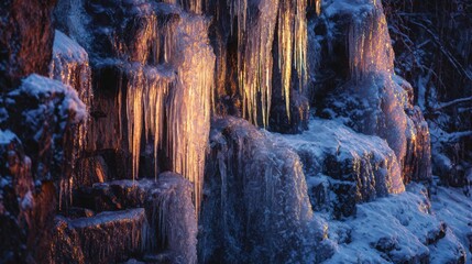Frozen waterfall illuminated by warm sunset light, icicles glowing against cold blue shadows, powerful contrast, high detail winter nature photography