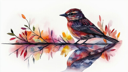 Vibrant Bird Perched on Branch with Colorful Leaves in Watercolor Style
