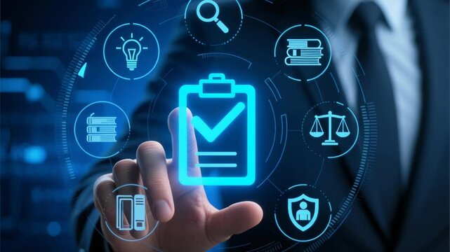 Audit business compliance rules law regulation policy document validation quality assurance concept digital clipboard icon check mark ensuring quality and adherence to standards for effective