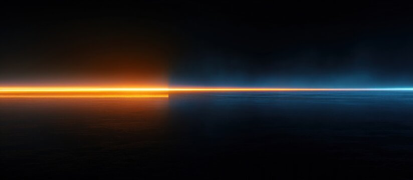 Futuristic glowing horizon line cutting through dark space, orange and blue neon light, subtle fog, reflective surface, abstract sci fi background