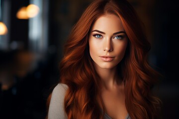 Fototapeta premium Young woman posing for a beauty portrait with long red hair and captivating blue eyes