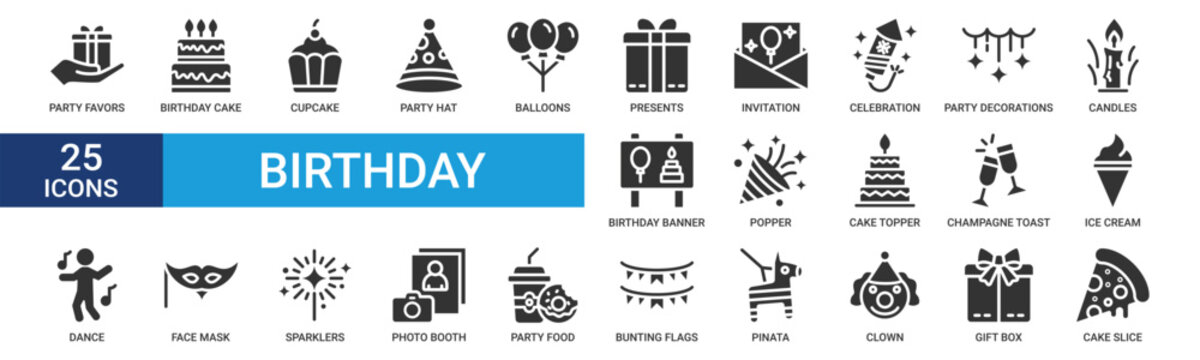 Birthday icon set. Containing party favors, birthday cake, cupcake, party hat, balloons, presents, invitation, celebration and more. Glyph vector icons collection.