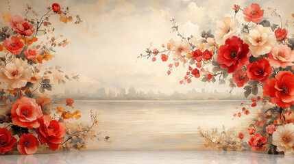 Vibrant Floral Background with Scenic View of a Soft Landscape