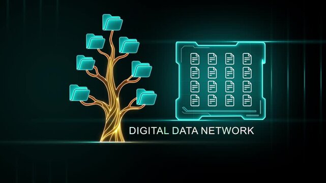 Digital Data Network Tree and Futuristic File Storage System with Neon Glow Keywords: data, network, digital, technology, storage, files, tree, futuristic, system, information, computer