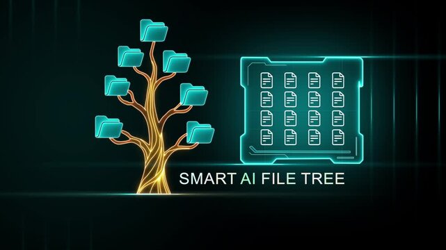 Smart AI File Tree Concept with Glowing Folders and Data Matrix on Dark Background smart AI file tree