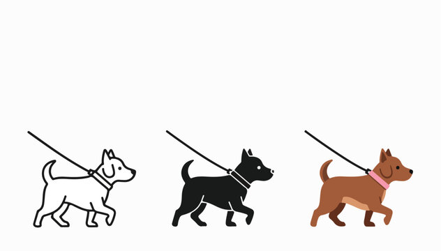 Three dog silhouettes walking on leashes in black, brown, and white against a clean white background.