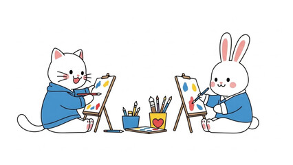 A cheerful cat and rabbit engage in a fun painting session with easels and colorful paints