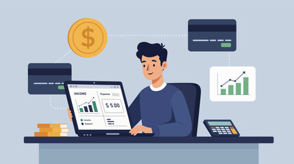 Man manage personal finance laptop computer