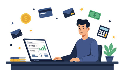 Man use laptop for income management