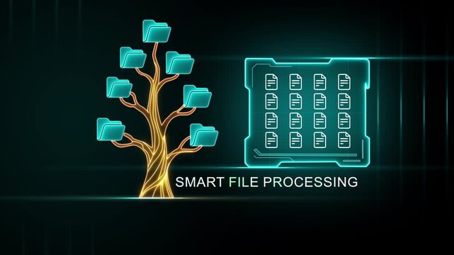Smart File Processing Tree and Futuristic File Storage System with Neon Glow Keywords: smart, file, processing, data, technology, storage, tree, futuristic, system, information, computer