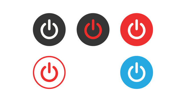 Four power button icons in black, red, and blue on a white background with different states.