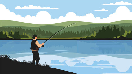 Hunter fishing calmly from a riverbank surrounded by trees and hills, flat vector illustration with solid colors and clean outlines, traditional outdoor hunting activity theme © meeblues