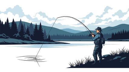 Hunter fishing calmly from a riverbank surrounded by trees and hills, flat vector illustration with solid colors and clean outlines, traditional outdoor hunting activity theme © meeblues
