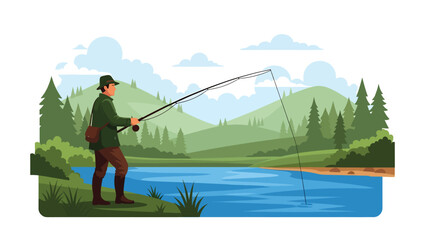 Hunter fishing calmly from a riverbank surrounded by trees and hills, flat vector illustration with solid colors and clean outlines, traditional outdoor hunting activity theme © meeblues