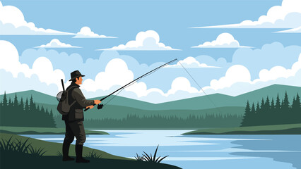 Hunter fishing calmly from a riverbank surrounded by trees and hills, flat vector illustration with solid colors and clean outlines, traditional outdoor hunting activity theme © meeblues