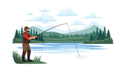Hunter fishing calmly from a riverbank surrounded by trees and hills, flat vector illustration with solid colors and clean outlines, traditional outdoor hunting activity theme © meeblues