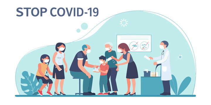 Covid 19 vaccination illustration showing people receiving shots and medical staff assisting - Powered by Adobe