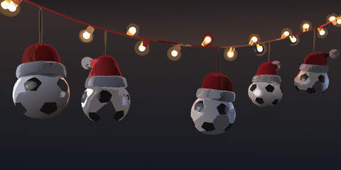 Festive holiday decorations featuring santa hats atop soccer balls on a string of lights