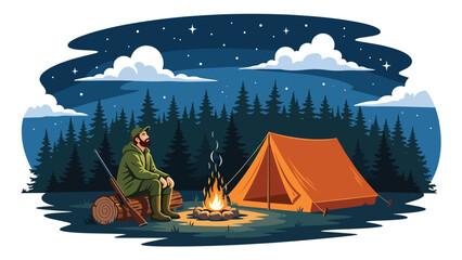 Hunter relaxing at a campsite after a day in the wilderness, tent and campfire in forest setting, flat vector illustration with solid colors for outdoor hunting lifestyle themes © meeblues