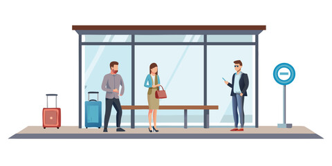 People waiting at a bus stop with luggage modern illustration style