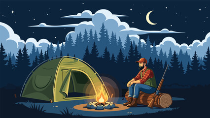 Hunter relaxing at a campsite after a day in the wilderness, tent and campfire in forest setting, flat vector illustration with solid colors for outdoor hunting lifestyle themes © meeblues