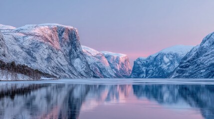 Icy winter fjord at sunrise, steep snow covered cliffs reflecting soft pink light, calm frozen water, epic Scandinavian winter landscape