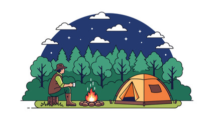 Hunter relaxing at a campsite after a day in the wilderness, tent and campfire in forest setting, flat vector illustration with solid colors for outdoor hunting lifestyle themes © meeblues