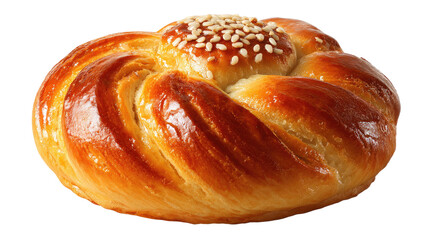 Fototapeta premium A fresh homemade croissant and sweet bun with poppy seeds are isolated on white, showcasing a tasty, golden brown baked pastry perfect for a delicious breakfast bakery snack