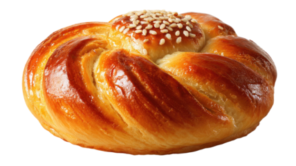 A fresh homemade croissant and sweet bun with poppy seeds are isolated on white, showcasing a tasty, golden brown baked pastry perfect for a delicious breakfast bakery snack