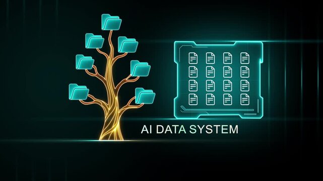 Futuristic glowing tree with folders and digital data grid with AI data system text Keywords: AI, artificial intelligence, data, system, tree, folders, digital, grid, network, technology