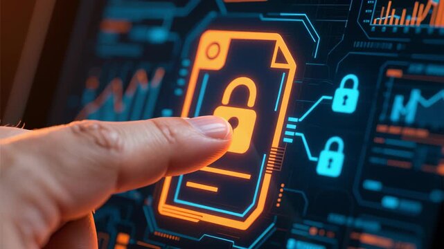 Digital document lock icon on futuristic screen showing audit business compliance rules law regulation policy document validation quality assurance security data interaction