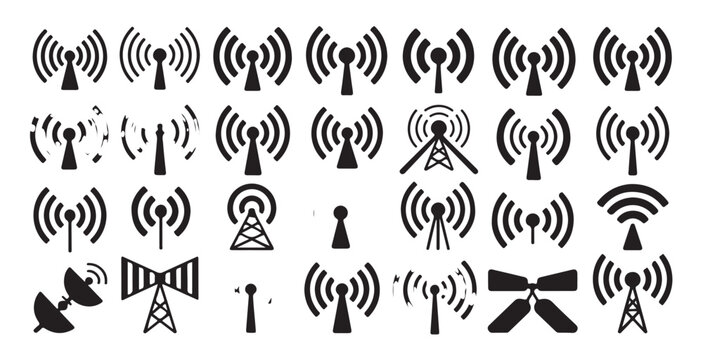Comprehensive variety of wireless signal tower silhouettes including dish satellite and geometric antenna designs
