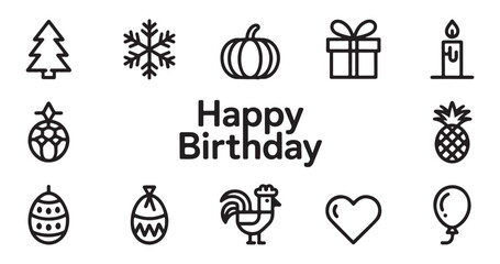 Happy birthday greeting banner with set of outline icons around text seasonal and holiday symbols collection