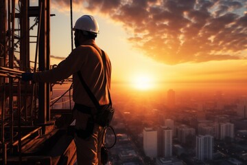 Fototapeta premium Construction worker standing on a skyscraper structure, viewing the cityscape with a vibrant sunset