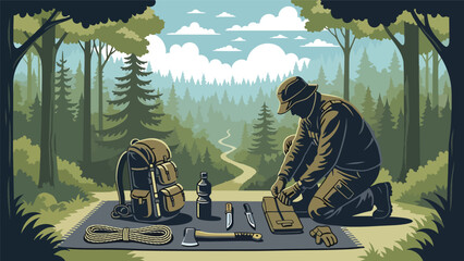 Hunter preparing equipment before heading into the wilderness, organized gear and forest trail background, flat vector illustration with solid colors for hunting preparation themes