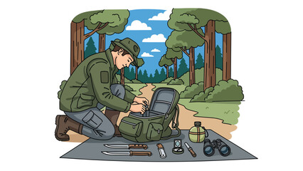 Hunter preparing equipment before heading into the wilderness, organized gear and forest trail background, flat vector illustration with solid colors for hunting preparation themes © meeblues