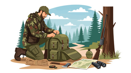 Hunter preparing equipment before heading into the wilderness, organized gear and forest trail background, flat vector illustration with solid colors for hunting preparation themes