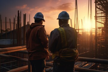 Fototapeta premium Construction workers standing together on building site looking at evening sky