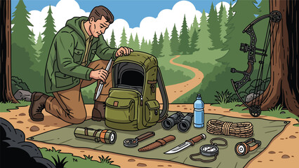 Hunter preparing equipment before heading into the wilderness, organized gear and forest trail background, flat vector illustration with solid colors for hunting preparation themes
