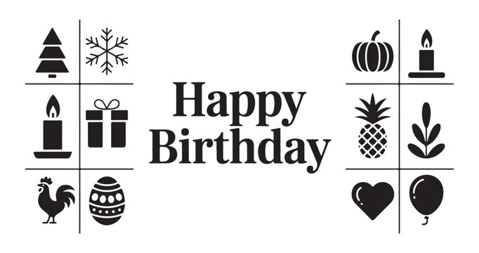 Happy birthday greeting card design with various seasonal holiday icons and bold text - Powered by Adobe